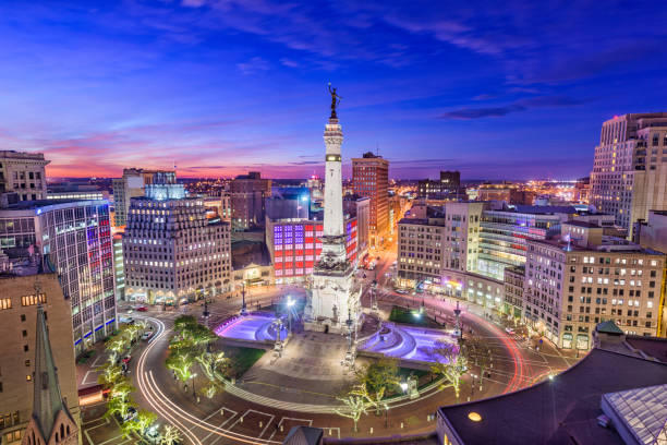Monument Circle and the Indianapolis skyline at blue hour